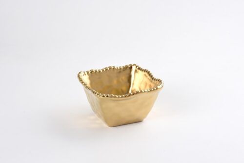 Bowl - Porcelain - Small Square - Hammered Gold With Gold Beads