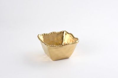 Bowl - Porcelain - Small Square - Hammered Gold With Gold Beads