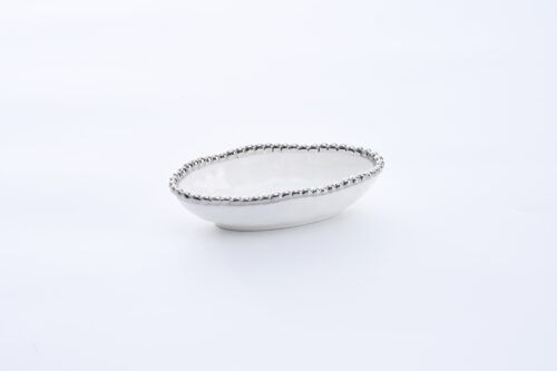 Condiment Bowl - Porcelain - Small Oval - White &amp; Silver Beads