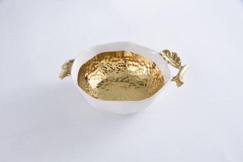 Bowl - Porcelain - Medium With Handles - White With Hammered Gold