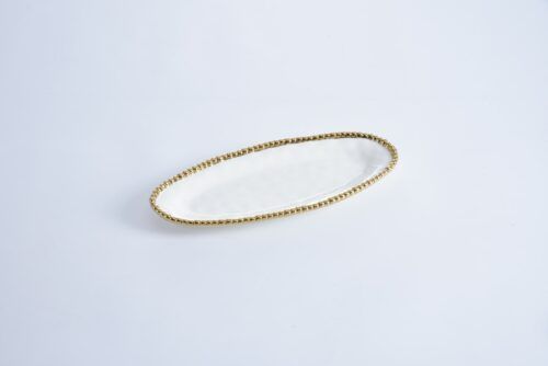 Serving Dish - Porcelain - Oval - White With Gold Beads