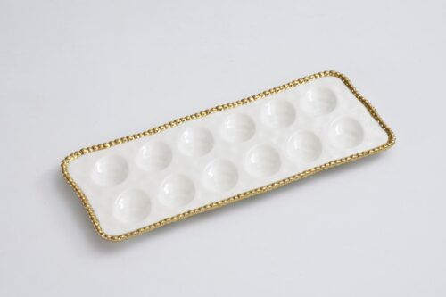 Tray - Porcelain - Deviled Egg - Rectangular - White With Gold Beads