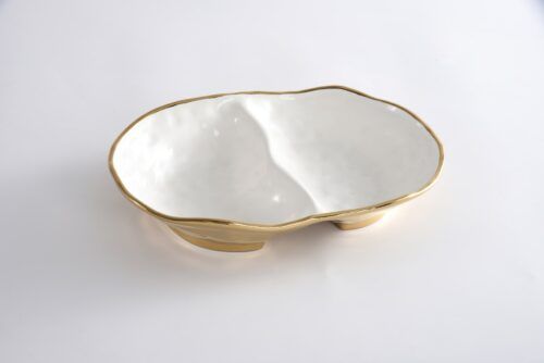Bowl - Porcelain - 2 Section Serving - White With Gold Trim