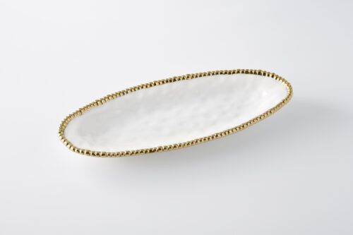 Tray - Oval - White With Gold Beads