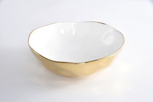 Bowl - Porcelain - Wide Serving - White With Gold Trim