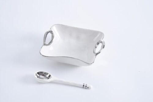 Bowl - Porcelain - Square Bowl &amp; Spoon Set - White With Silver
