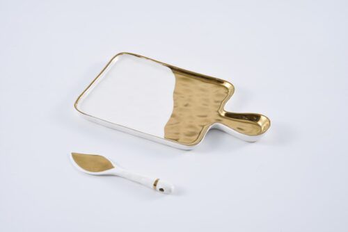 Tray - Porcelain - White With Gold Cheese Platter With Knife