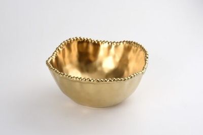 Bowl - Porcelain - Medium - Hammered Matte Gold With Gold Beads