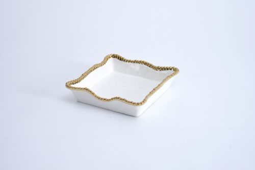 Napkin Holder - Luncheon - Porcelain - White With Gold Beads