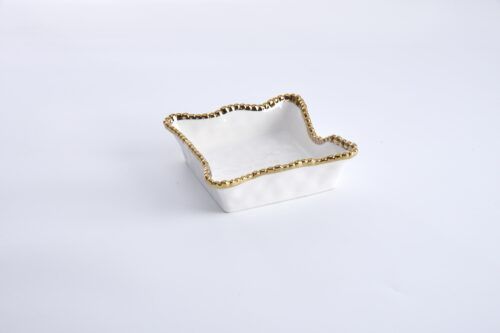 Napkin Holder - Cocktail - Porcelain - White With Gold Beads