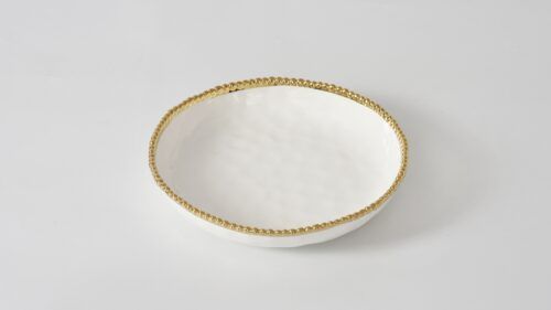Bowl - Porcelain - Medium Shallow - White With Gold Beads