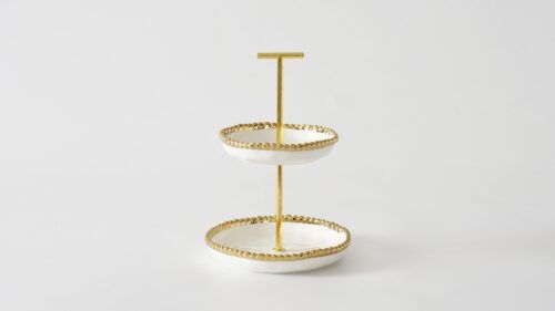 Serving Piece - Porcelain - 2 Tier - White With Gold Beads