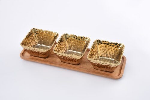 Tray - Wooden With 3 Porcelain Bowls - Gold