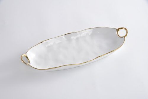 Platter - Porcelain - Deep Oval - White With Gold Handles