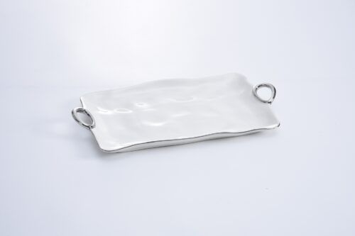 Platter - Porcelain - Large Rectangular With Handles - White With Silver
