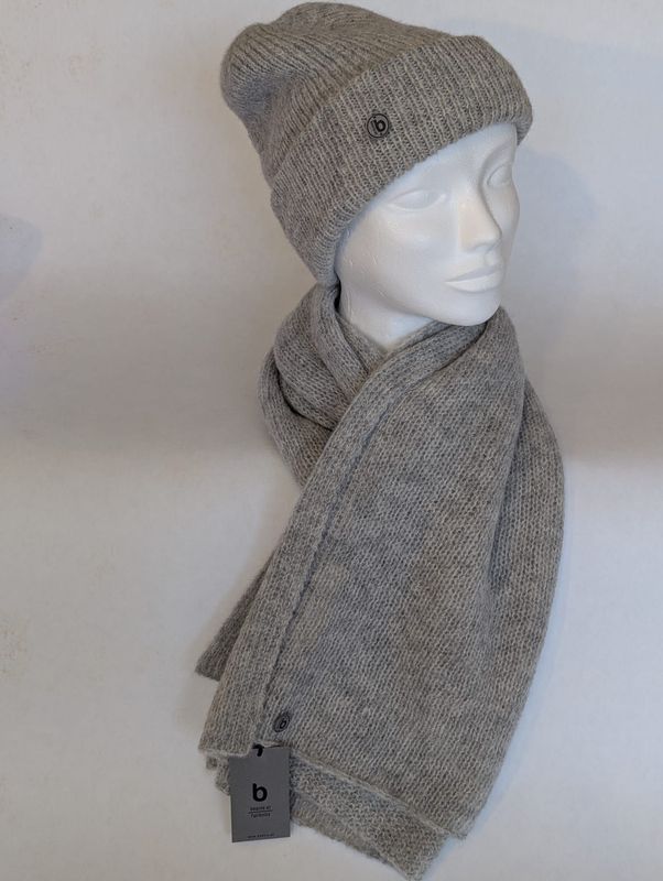 Kombination aus Alpaka Schal lang und Alpaka Beanie, grau (silber)