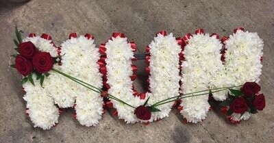 Red & White Mum Letters Funeral Tribute