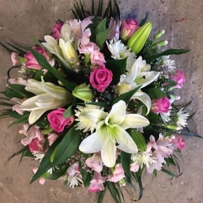 Pink Rose & White Funeral Lily Posy Wreath