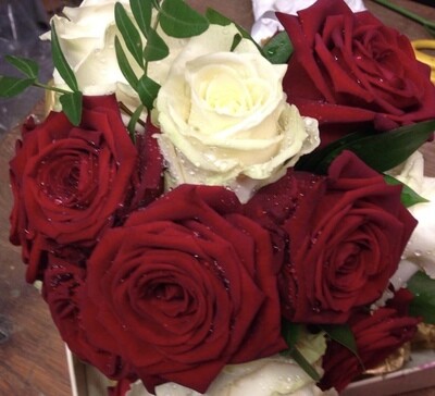 12 Red & White Roses Hand Tied Bouquet