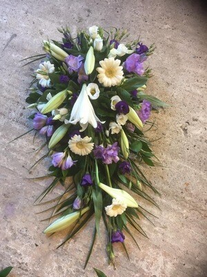 White Longhi Lily & Purple Single Ended Funeral Spray Wreath
