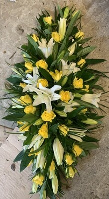3ft Yellow Rose & White Lily Coffin Spray Tribute