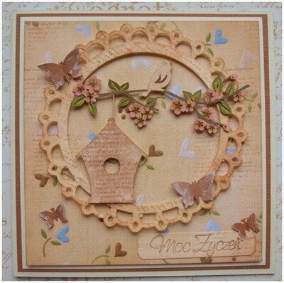 Birdhouse Hanging Below Blossom Branch Chipboard