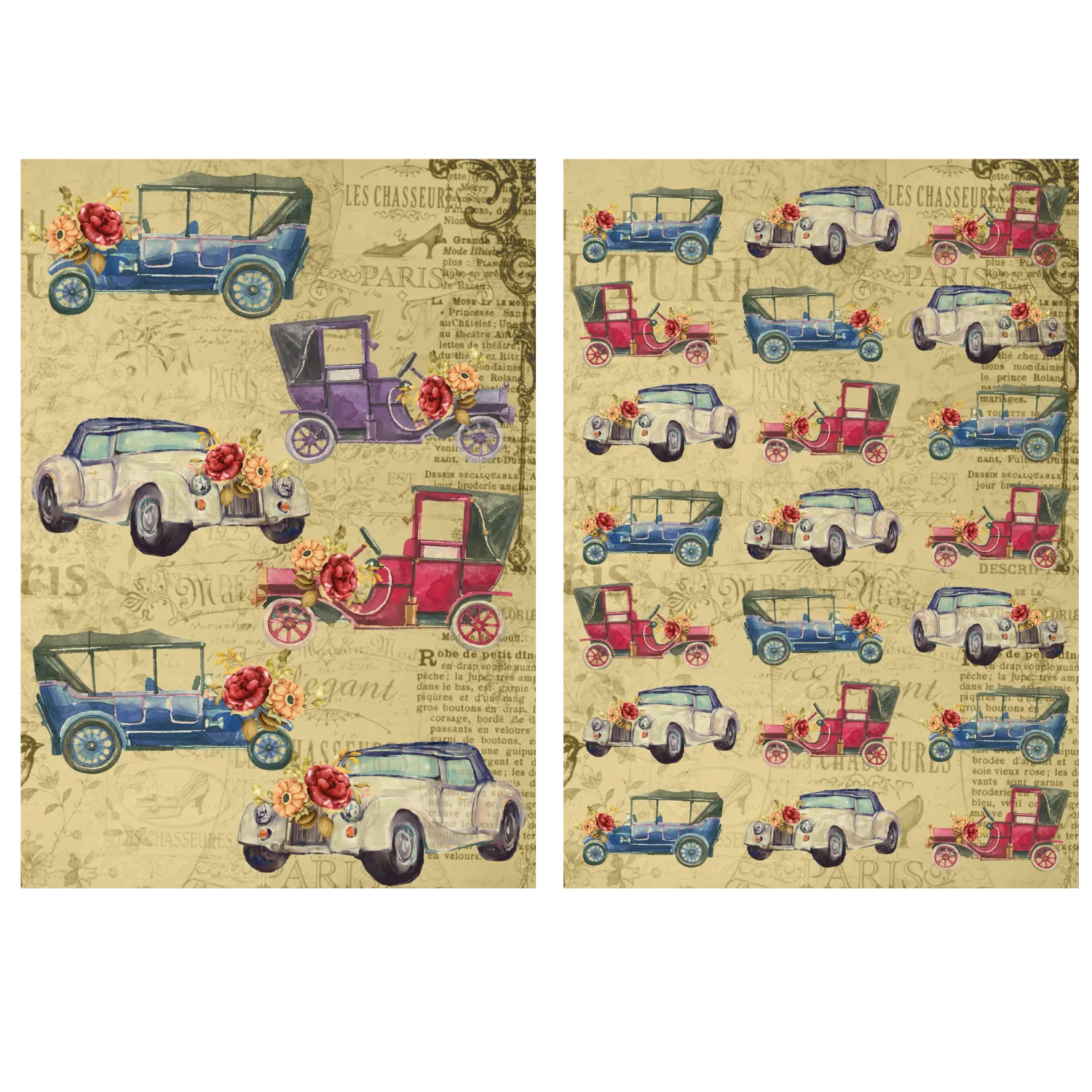 LITTLE BIRDIE - A4 Decoupage Papers x4 sheets VINTAGE CARS
