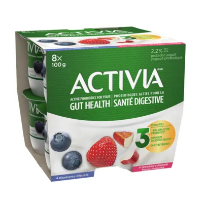 Activia - Probiotic Yogurt - 8 Pack; Blueberry + Strawberry Rhubarb - 8x100g
