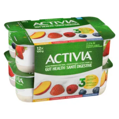 Activia - Probiotic Yogurt - 12 Pack; Peach/Strawberry/Raspberry/Blueberry - 12x100g