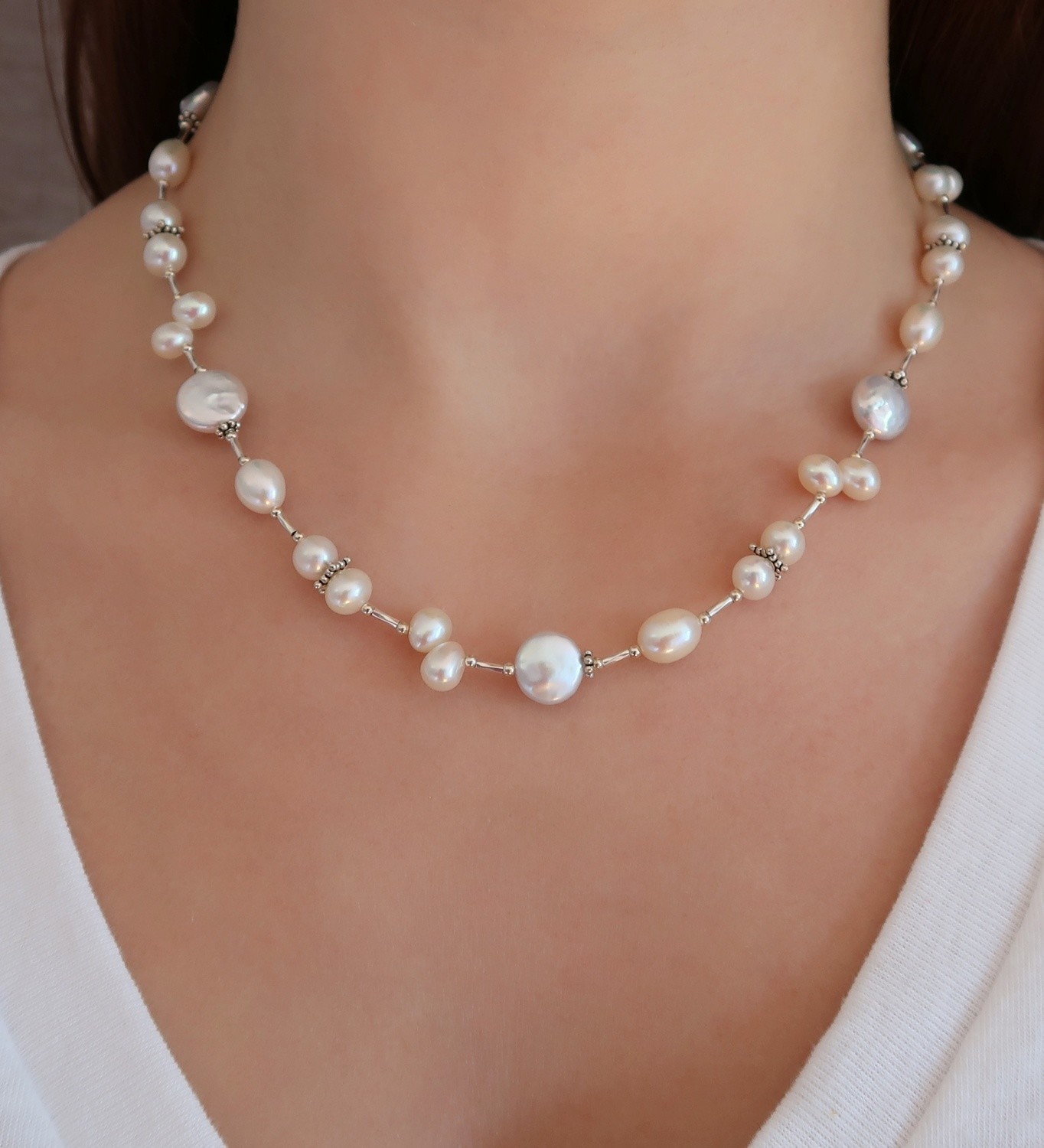 White Pearl and Silver Necklace