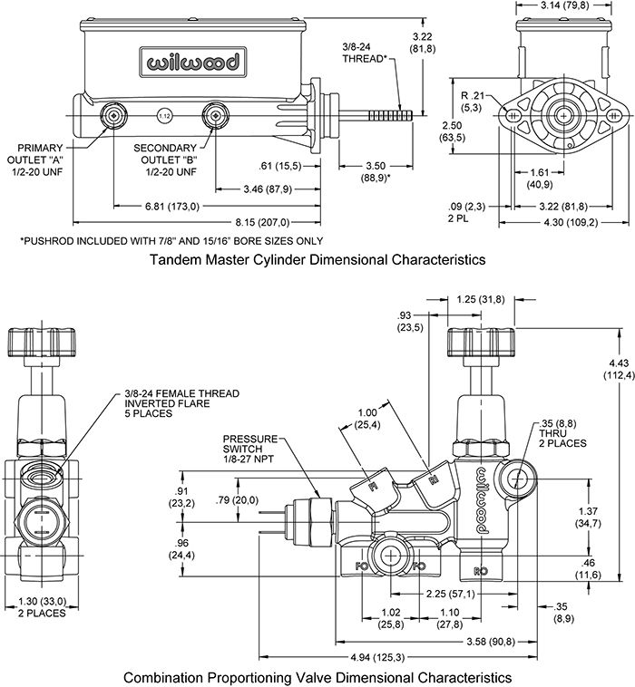 Aluminum Tandem Master Cylinder Kit with Bracket and Combination Valve – 1 Inch Bore – Black E-Coat