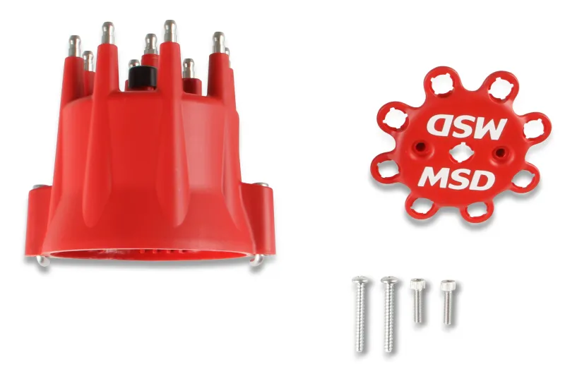 Distributor Cap – V8 – HEI Terminals – Red – With Spark Plug Wire Retainer