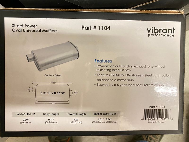 Vibrant StreetPower Universal Muffler, 2" Inlet/Outlet, Polished Stainless Steel