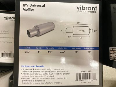 Vibrant TPV Universal Muffler, 2.5" Inlet, 4" Tip, Polished Stainless Steel