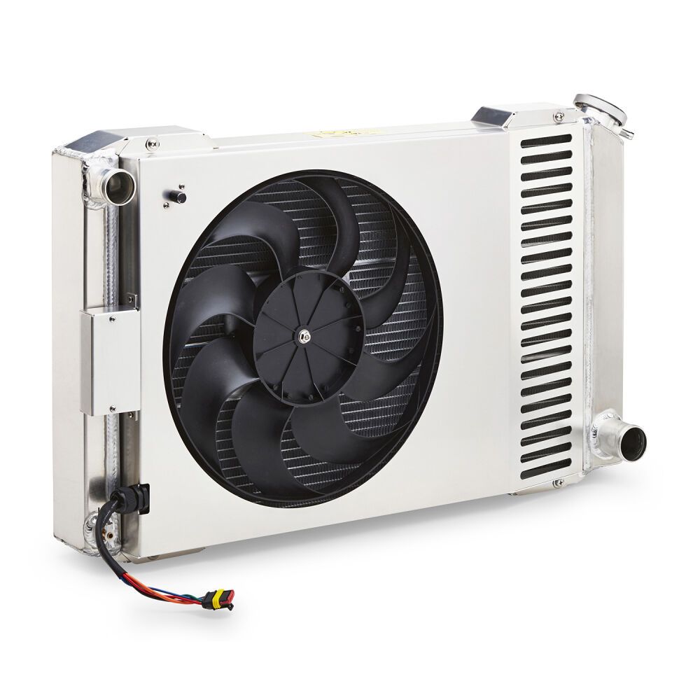 Slim-Fit Radiator System – Universal GM Style – Manual Transmission – Inlet Driver Side / Outlet Passenger Side – 26" Core