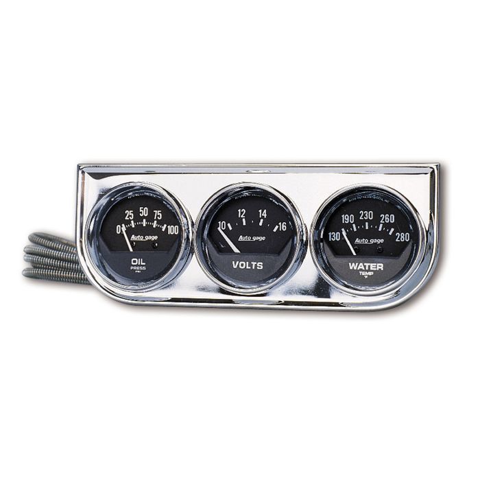 Gauge Console, Oil Pressure / Water Temperature / Voltmeter, 2-1/16 Inch, Black Dial, Chrome Bezel