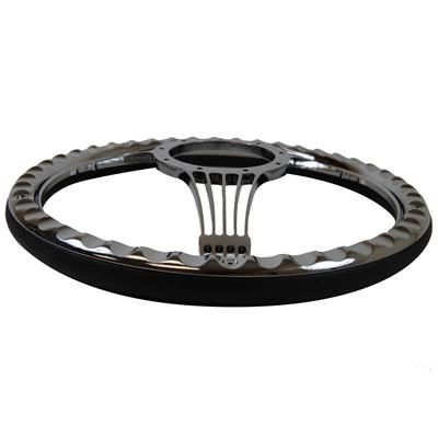 Banjo Style Steering Wheel, Billet Aluminum, Black Grip, Chrome Spokes