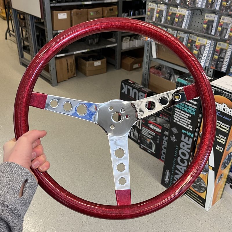 Metal Flake Steering Wheel, Red, 3-Spoke, 15 Inch