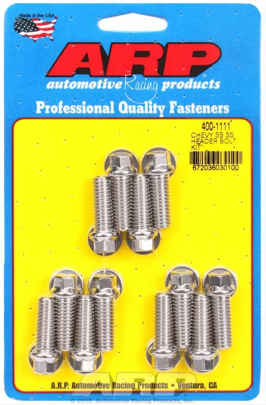 3/8"-16 Stainless Header Bolt Kit, Hex Head, 1.000" Length, Polished, Set of 12