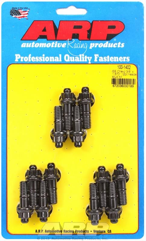 3/8"-16 Chromoly Header Stud Kit, 12-Point Nuts, Black Oxide, Small Block Chevy, Set of 12