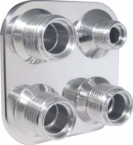 Streamline 4-Way Square Bulkhead Plate, Polished Aluminum, #6–#10 Male O-Ring
