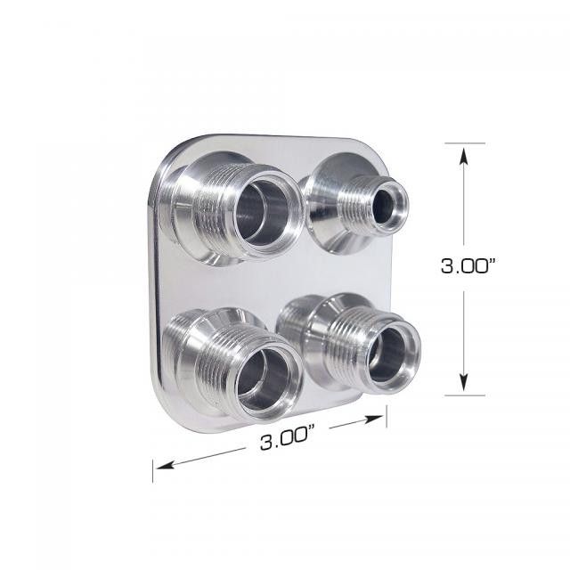 Streamline 4-Way Square Bulkhead Plate, Polished Aluminum, #6–#10 Male O-Ring