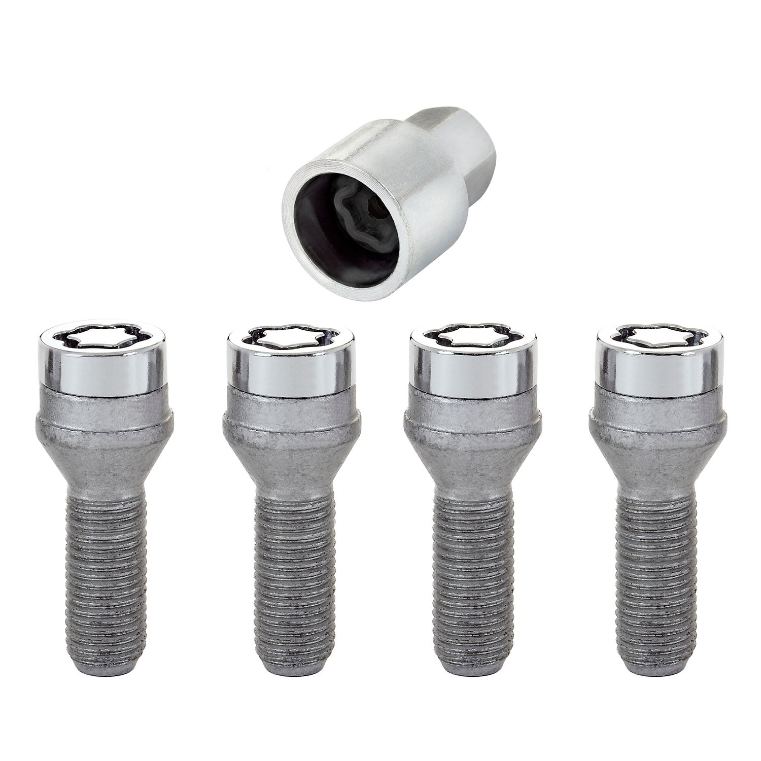 Chrome Bolt Style Cone Seat Wheel Lock Set, M14 x 1.5, Set of 4