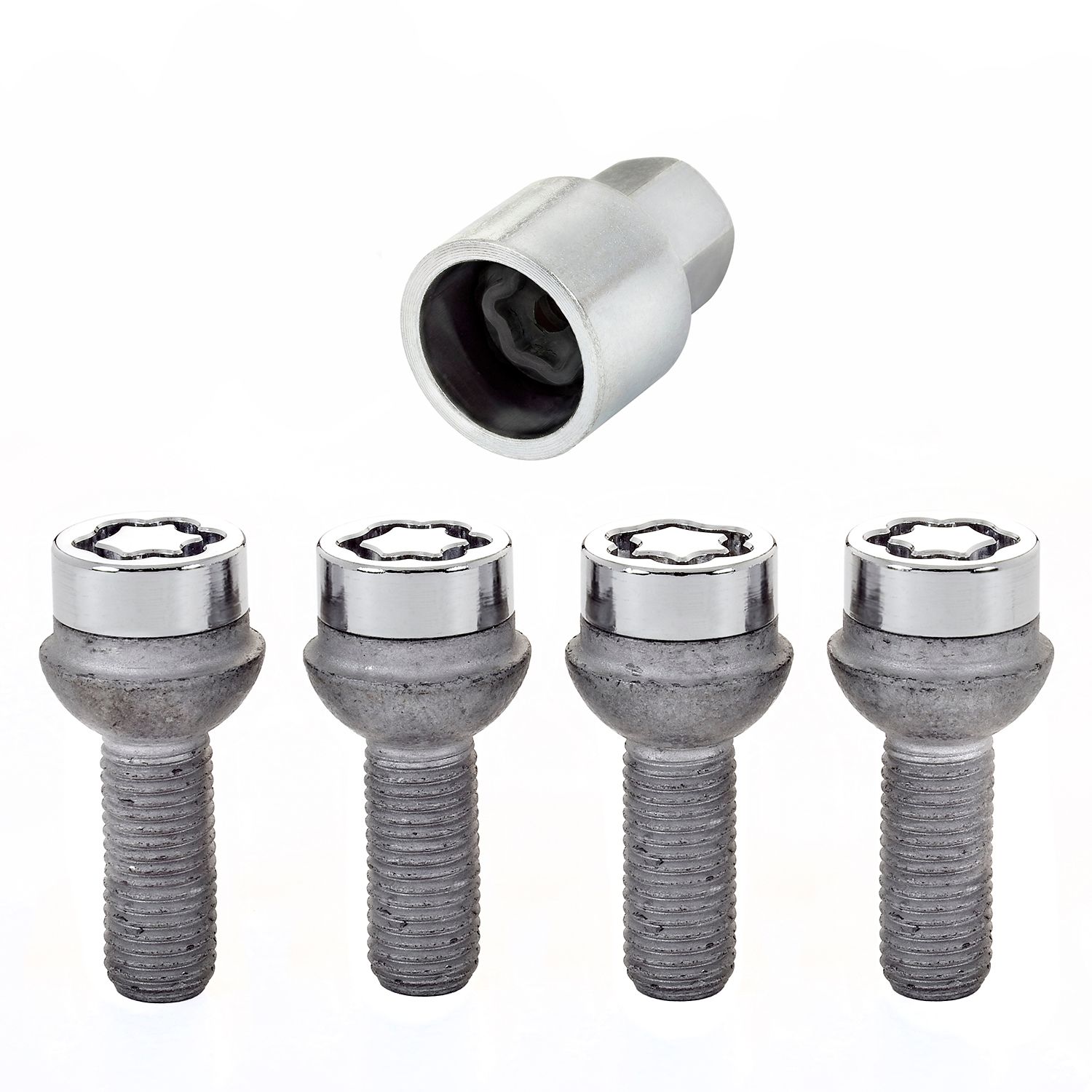 Chrome Bolt Style Radius Seat Wheel Lock Set, M12 x 1.5, Set of 4
