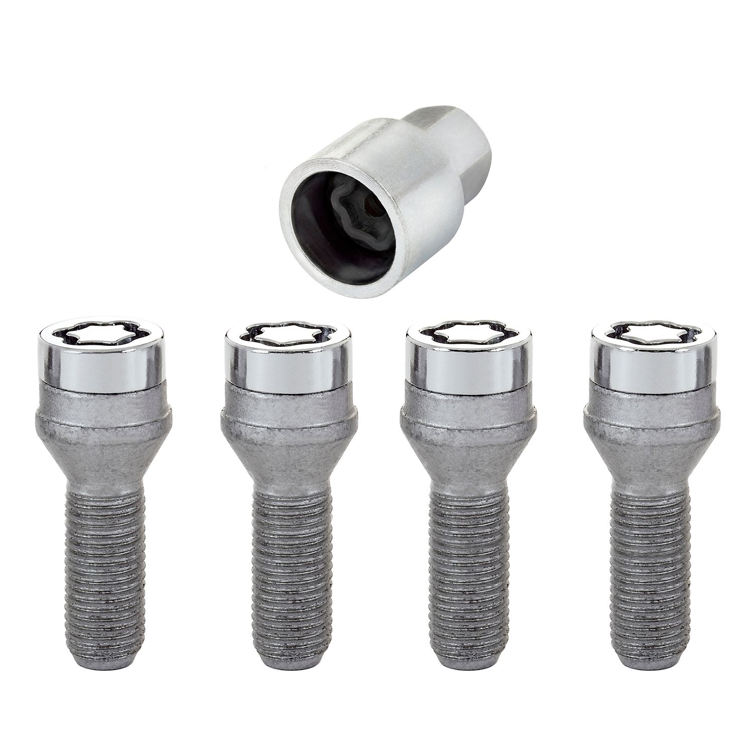 Chrome Bolt Style Cone Seat Wheel Lock Set, M14 x 1.5, Set of 4