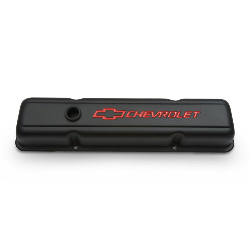Small Block Chevy Valve Covers, Black Crinkle, Chevrolet &amp; Bowtie Logo, Short Style, 1955-86