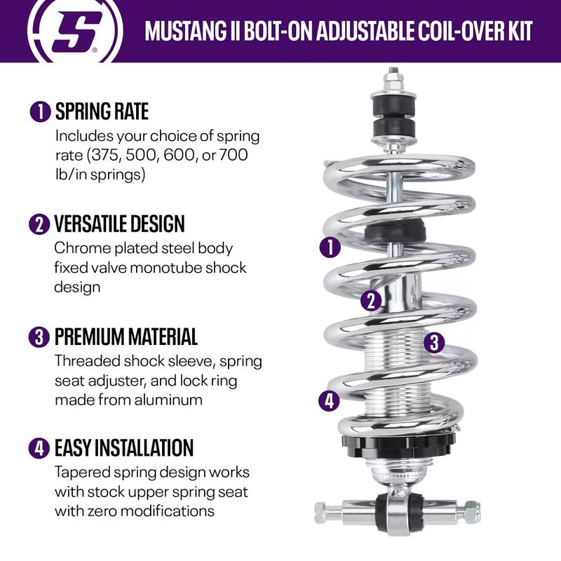Mustang II Bolt-On Adjustable Coil-Over Kit, Chrome, 375 lb. Springs