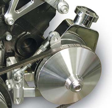 Small Block Chevy Ultra Adjustable Power Steering Bracket, Saginaw Pump, Short Water Pump, Clear