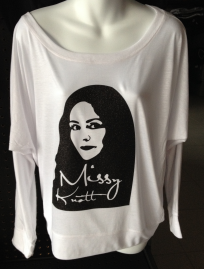 Missy Knott Off the Shoulder Shirt, White shirt with Black Glitter logo