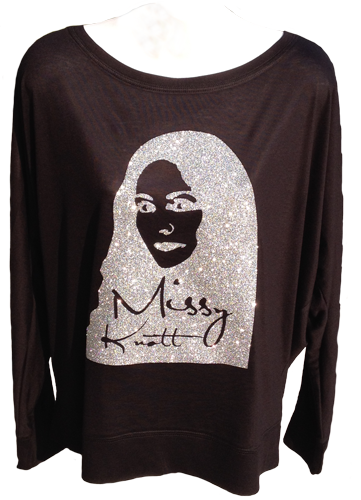 Missy Knott Off the Shoulder Shirt, Black shirt with Silver Glitter logo